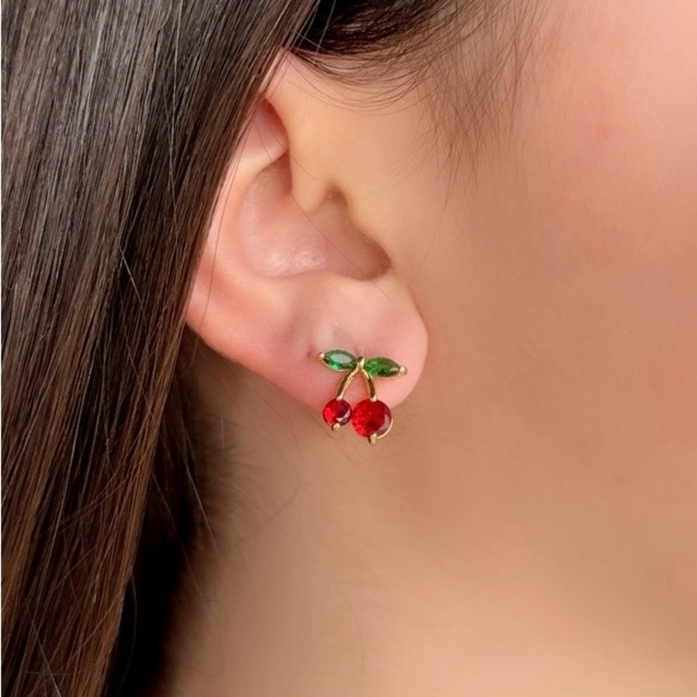 Cherry Stud Earrings Real Crystal Stone 14k Gold Plated